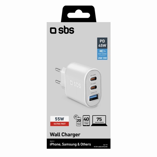 SBS Mobile Сетевое зарядное устройство 2 type C PD45W + USB 2,1A, белое